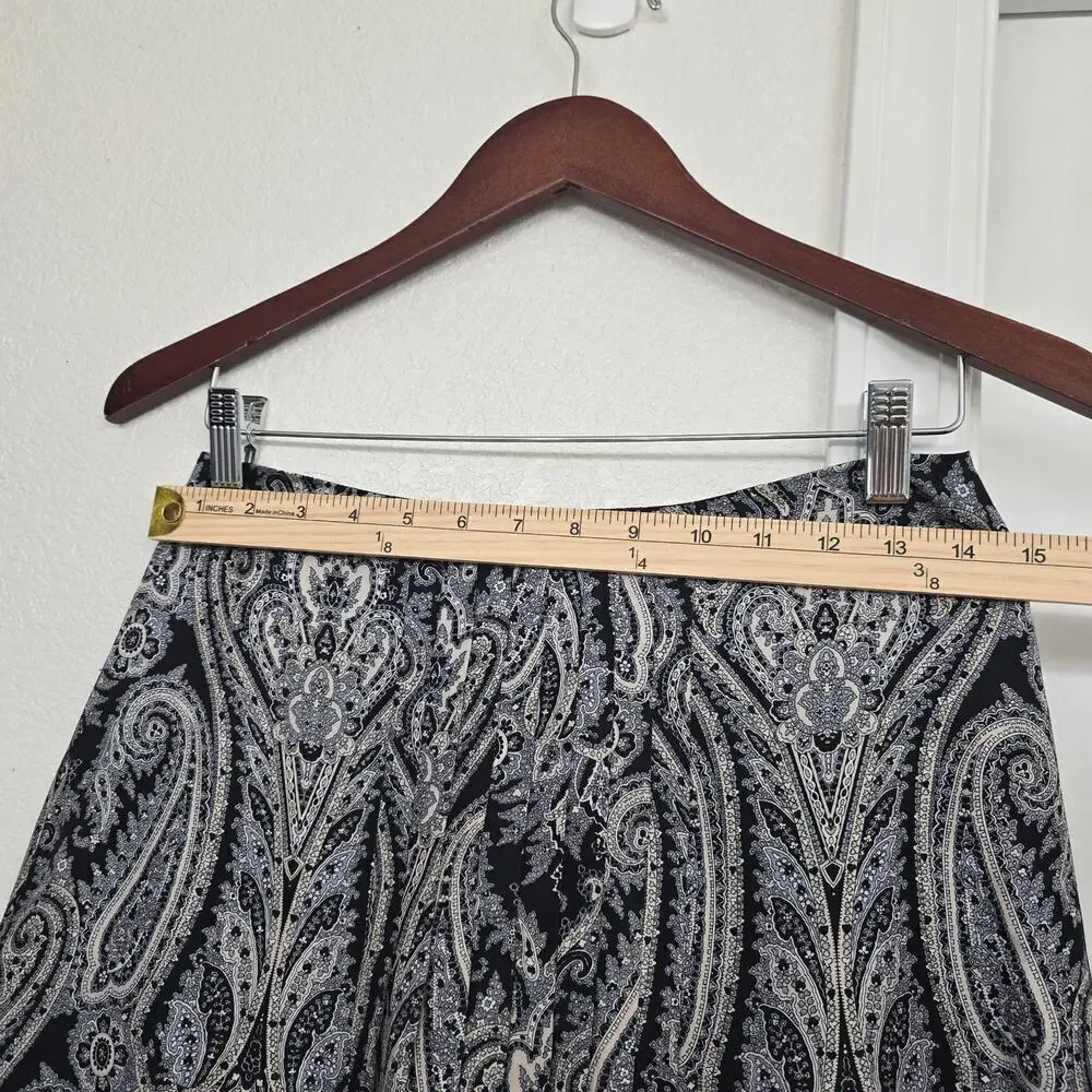 Women's 2P Silk Mini Skirt Black Paisley Print A-Line Pleated Office Waist 28